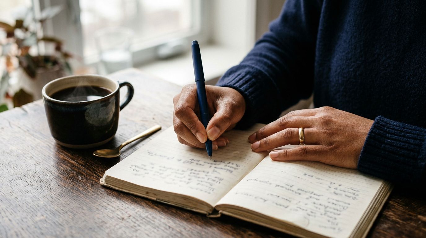 A hand writing in a notebook beside a cup of coffee