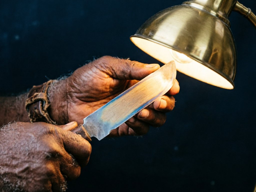 An older man's hands holding a steel blade up to a brass lamp to check its temper