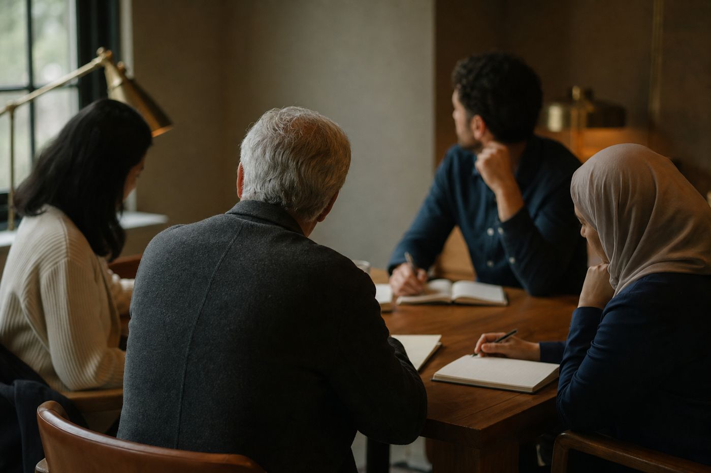 Four colleagues of different ages and backgrounds working quietly around a wooden table