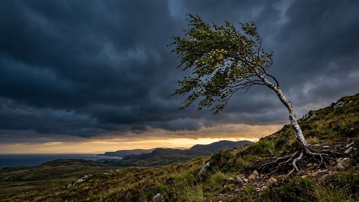 A birch tree bending in a strong wind on a hillside, its roots holding